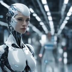 Cybernetic humanoid on factory backdrop pulsates with advanced machinery, neon lights, dynamic assembly lines, cyber, robot female