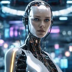 Cybernetic humanoid on factory backdrop pulsates with advanced machinery, neon lights, dynamic assembly lines, cyber, robot female