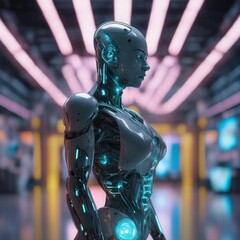 Cybernetic humanoid on factory backdrop pulsates with advanced machinery, neon lights, and dynamic assembly lines