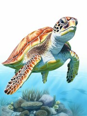 Sea Turtle Swimming Underwater in the Ocean, Semi-Isolated