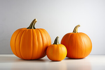 Three bright orange pumpkins on a white table, fall or Thanksgiving background, generative AI