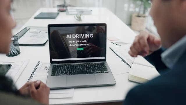 Laptop, meeting and planning an ai driving campaign for marketing or advertising a car dealership promotion. Computer, teamwork or collaboration with business people in the boardroom for strategy