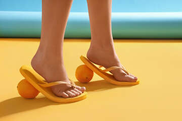 Female legs in stylish flip flops with citruses on color background