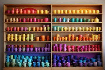 Rainbow colorful cups, mugs and plates arranged and stacked neatly on shelves, generative AI - obrazy, fototapety, plakaty