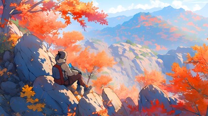 秋の登山のイラスト、紅葉する風景を見る人物