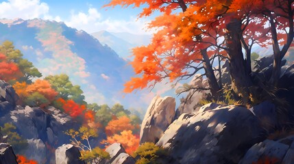 秋の山のイラスト、紅葉するカラフルな風景