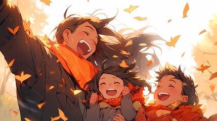 秋と家族のイラスト、紅葉の景色を楽しむ親子