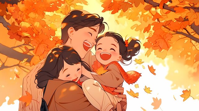 紅葉と家族のイラスト、秋の景色を楽しむ親子