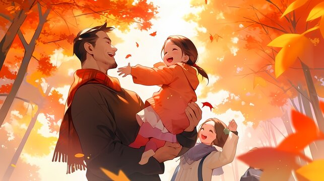 紅葉と家族のイラスト、秋の景色を楽しむ親子