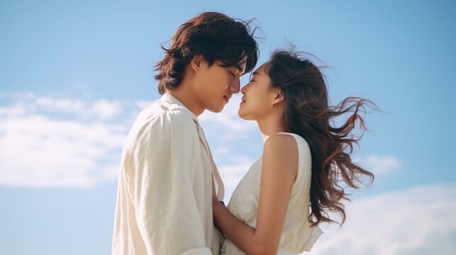 青空の中でキスするカップル・恋人・パートナー・婚約者・結婚式（Generative AI）
