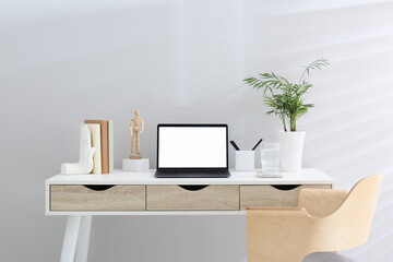 Stylish workplace with laptop, houseplant and stationery on wooden table near white wall
