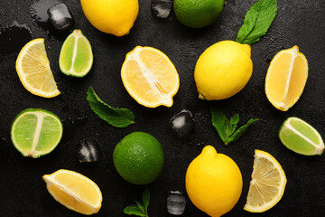 Ingredients for preparing lemonade on black background