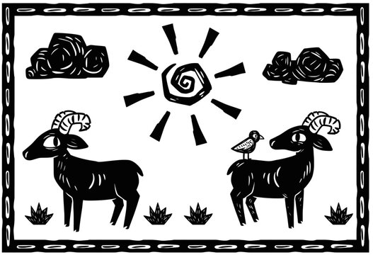 Goats grazing in the sert&atilde;o scenery. Woodcut style and cordel literature.