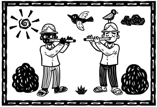 Musicians playing fife. Woodcut style and cordel literature.