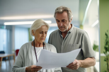 Older couple reviewing documents in a hospital, receiving bad diagnosis or getting a large bill, generative AI