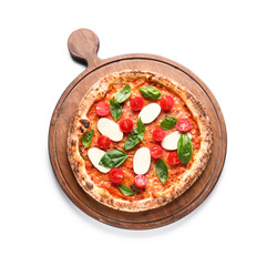 Wooden board with tasty pizza Margarita on white background