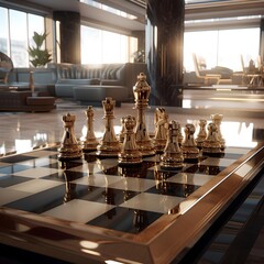 Luxury chess pieces on a board in the hall of a fancy hotel