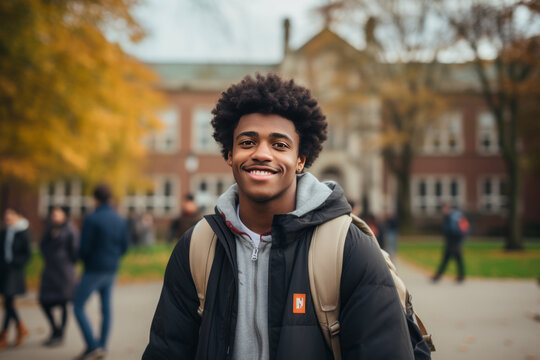 Portrait of a smiling young black student on colledge campus in the fall, ready to start school year, generative AI