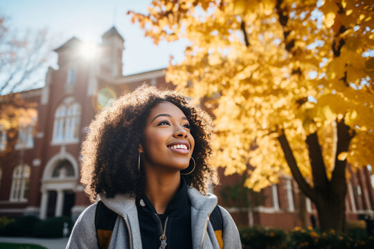Portrait of a smiling young black female student on colledge campus in the fall, ready to start school year, generative AI