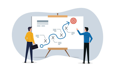 Strategic planning to overcome difficulty or obstacle to reach goal or target, business success for brainstorming, team planning for success tactic chart or competitor analysis.