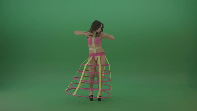 Brunette in an extraordinary EDM costume dancing on green screen