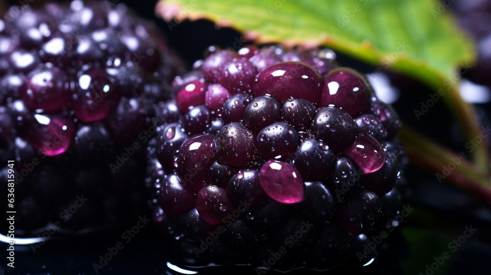 Poster generative ai : fresh blackberry fruit with water droplets isolated on white background with clippin