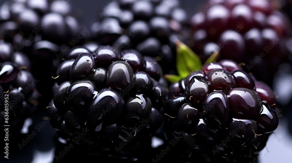 Poster generative ai : fresh blackberry fruit with water droplets isolated on white background with clippin