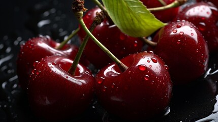 Generative AI : Cherries. Cherry background. Fruit background. Wet cherry with leaves and drops.