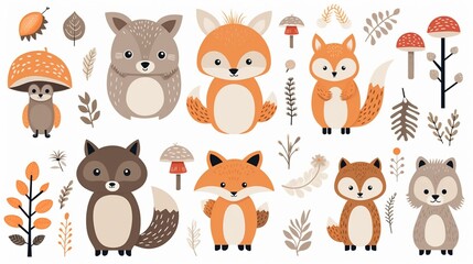 Generative AI : Cute Woodland Animals Set and Forest Elements. Colorful adorable vector illustration in flat style.