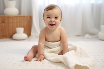 Generative AI : Funny little baby wearing a diaper playing on a white knitted blanket in a sunny nursery. Child after bath or shower on a fresh towel. Infant nappy change and skin care. Cute kid playi - obrazy, fototapety, plakaty