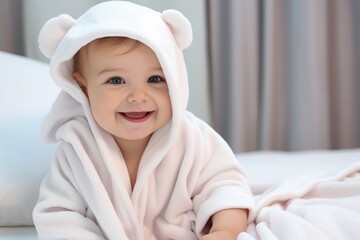 Generative AI : Cute happy laughing baby boy in soft bathrobe after bath playing on white bed with blue and pink pillows 