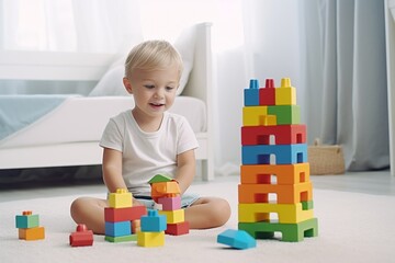 Generative AI : Kid playing with colorful toy blocks. Little boy building tower of block toys. Educational and creative toys and games for young children. Baby in white bedroom with rainbow bricks. Ch