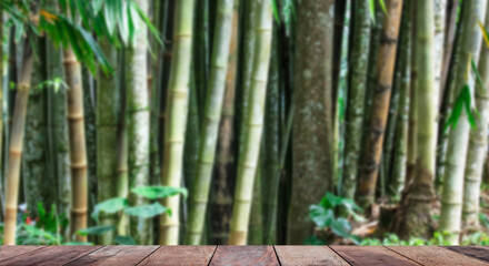 Rustic wooden empty deck and blurred bamboo forest background.