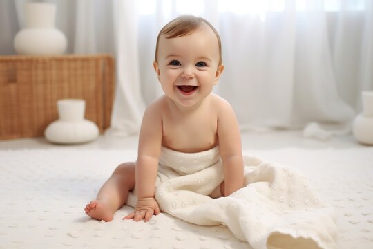 Generative AI : Funny little baby wearing a diaper playing on a white knitted blanket in a sunny nursery. Child after bath or shower on a fresh towel. Infant nappy change and skin care. Cute kid playi