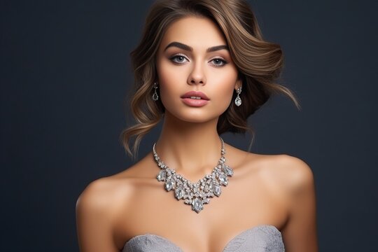 Generative AI : Beautiful girl with set jewelry . Woman in a necklace with a ring, 