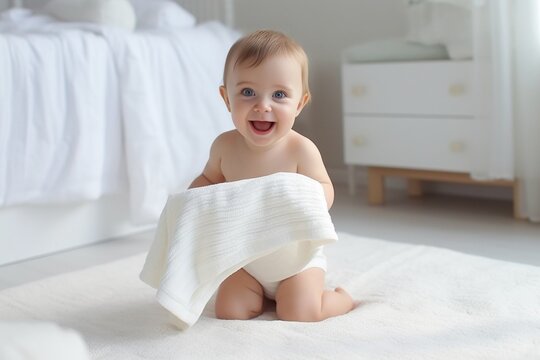 Generative AI : Funny little baby wearing a diaper playing on a white knitted blanket in a sunny nursery. Child after bath or shower on a fresh towel. Infant nappy change and skin care. Cute kid playi