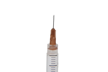 medical syringe with needle, used for vaccine against diseases and viruses isolated over white background with space for text.