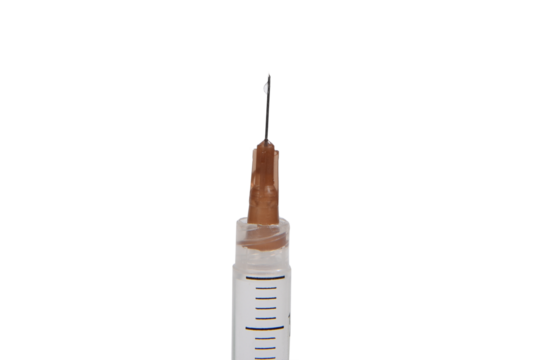 medical syringe with needle, used for vaccine against diseases and viruses isolated over white background with space for text.