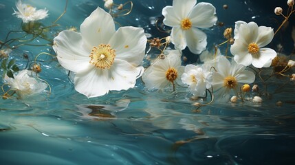 Underwater white flowers, surreal fantasy scene. Generative AI. 