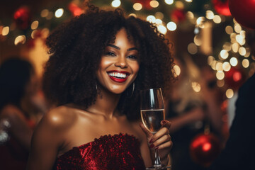 Beautiful african american woman with glass of champagne celebrating Christmas Generative AI - Powered by Adobe