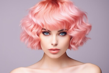 Fototapeta premium Beautiful stylish young woman with short pink curly hair on pink trendy background Generative AI.