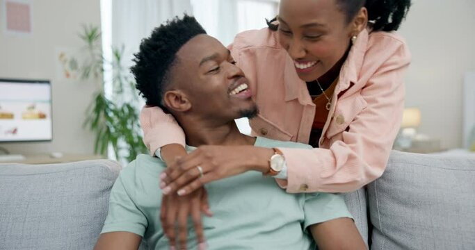 Love, happy black couple and hug selfie with phone on sofa for bond, care, romance in home, lounge or living room. Smile, man and woman show happiness on mobile and intimate embrace on couch in house