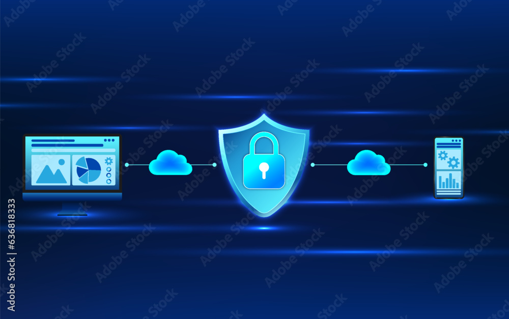 Poster cybersecurity technology, computer, mobile phone and shield with lock in the middle. refers to the t