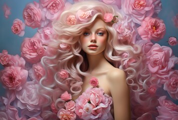 Portrait of beautiful girl with pink roses in her hair. Beauty, fashion.