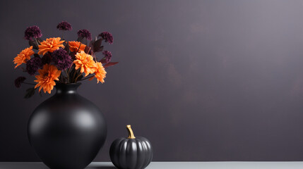 Halloween mockup with a minimalist approach, featuring a sleek and modern setup. pumpkin vase holds a bouquet of dark purple and orange flowers