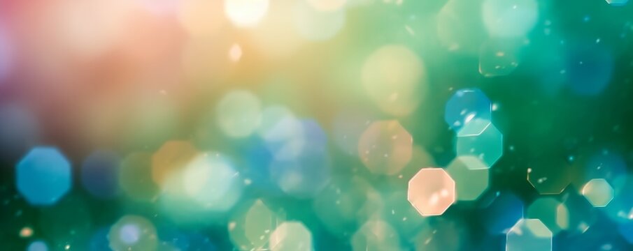 Defocused abstract Christmas/New Year backdrop. Gold festive lights on emerald-green background. AI image, digital design.