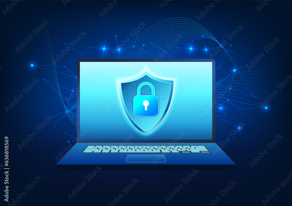Poster computer technology the screen is a shield and a lock, and the background is a striped element, a co