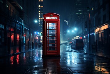 Traditional red telephone box on a rainy night in London, UK.