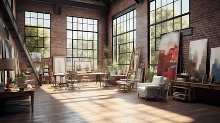  art studio with exposed brick walls and large