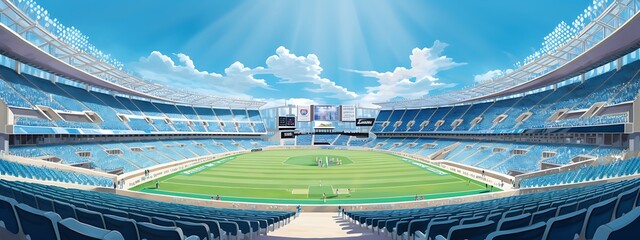 3D render of a round football stadium with floodlights, VIP boxes, blue seats and VIP boxes for hundred thousand fans